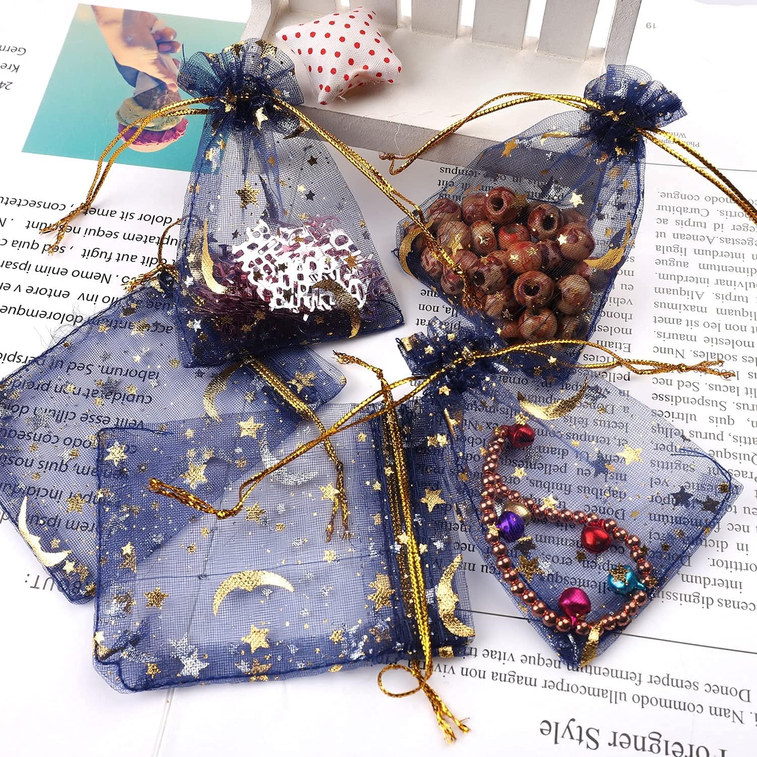 SUMAJU 100 Piece Moon Star Organza Jewelry Candy Bags Gift Pouch with Drawstring