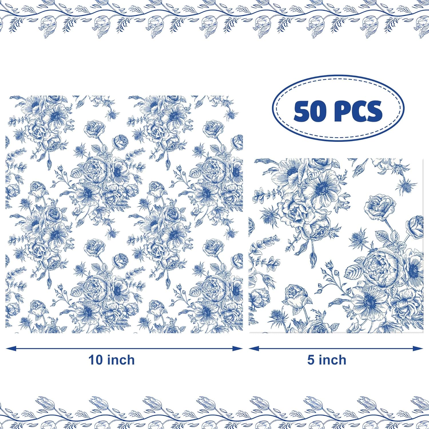 50PCS Blue Floral Cocktail Napkins 3-Ply Disposable