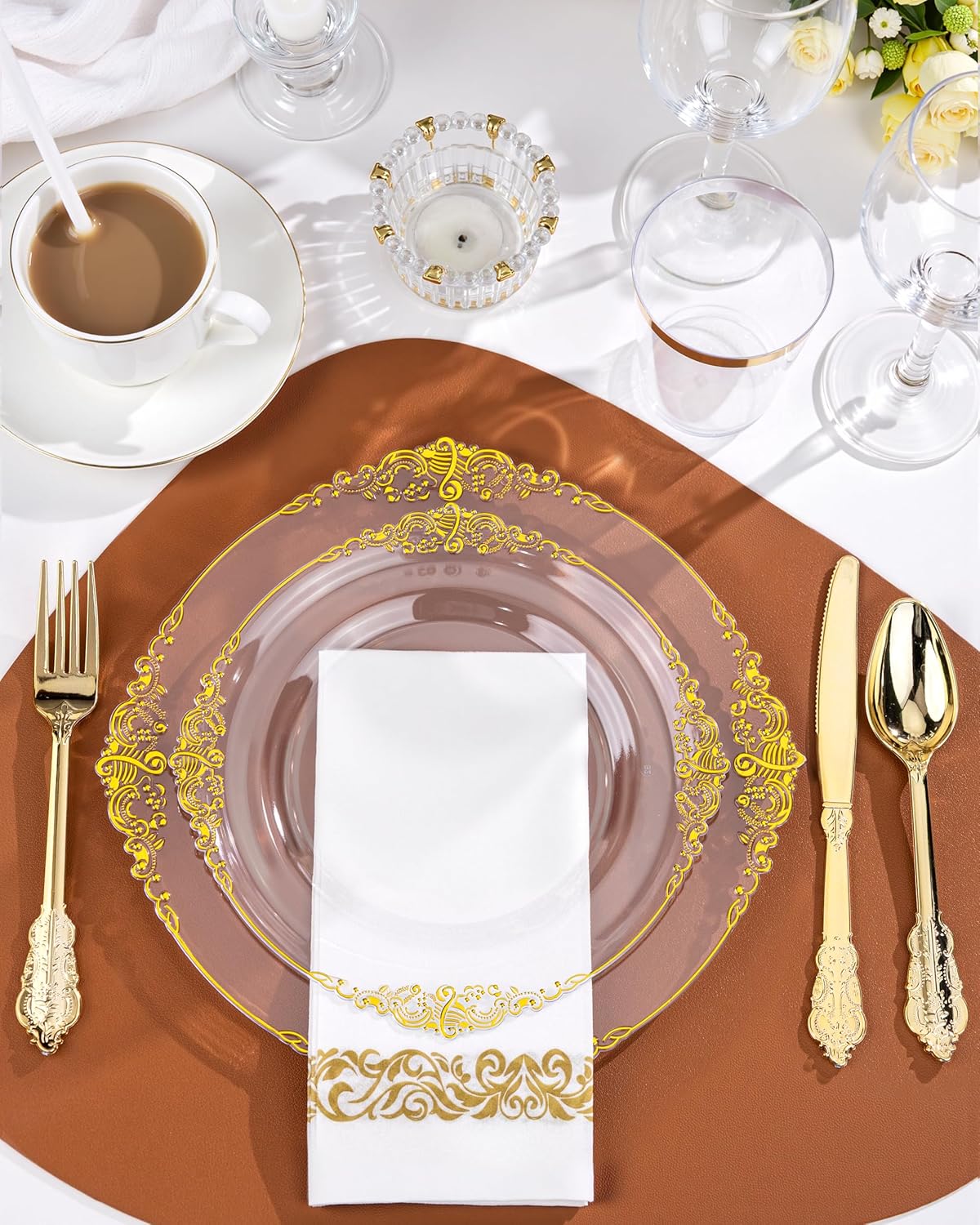 Nervure 175PCS Clear Gold Plastic Plates Set for 25 Guests