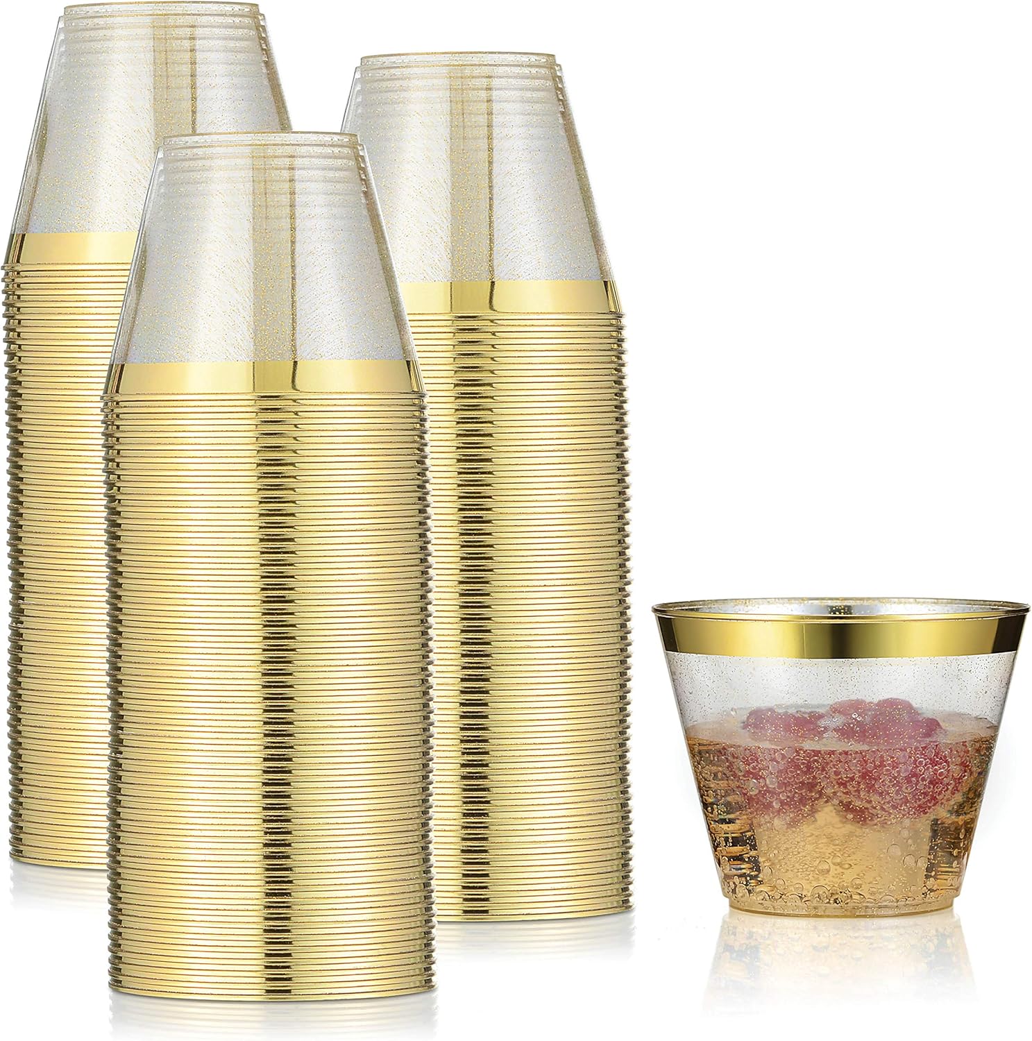 100 Pack 9oz Gold Glitter Plastic Cups with Gold Rim - Premium Partyware