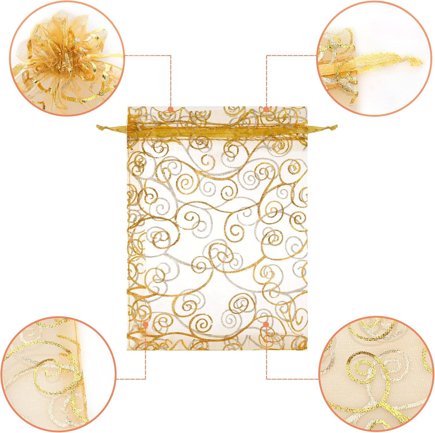 Staruby Gold Sheer Organza Gift Bags 100Pcs 5x7 Inch Drawstring Mesh Party Pouches
