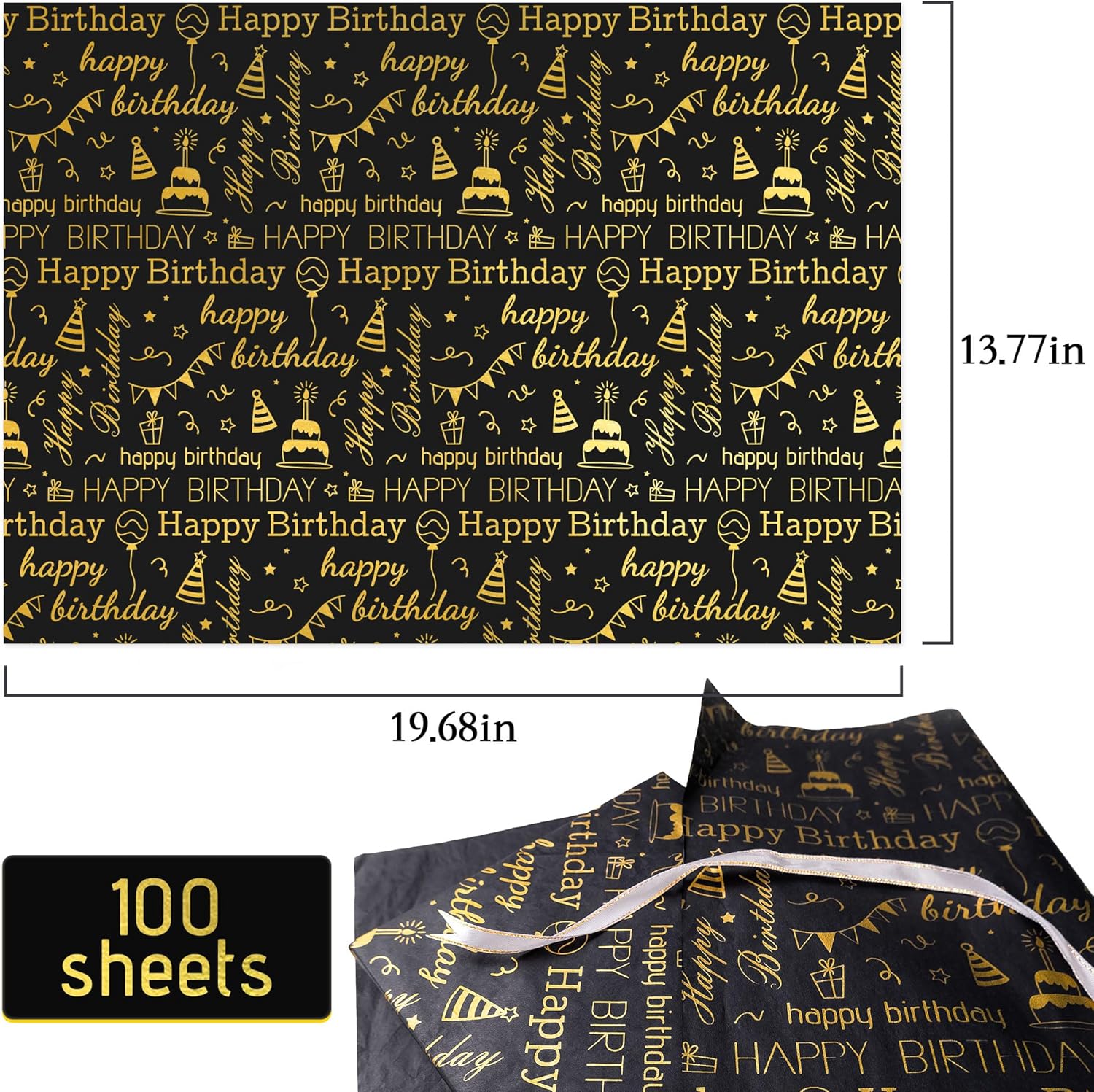 MR FIVE 100 Sheets Birthday Tissue Paper - 20x14 Black Gold Design