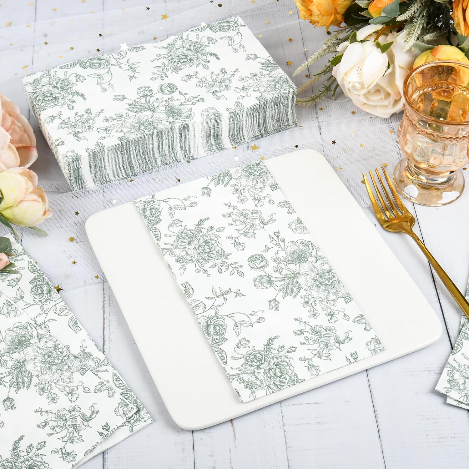 100 Floral Guest Napkins Sage Green and White Toile