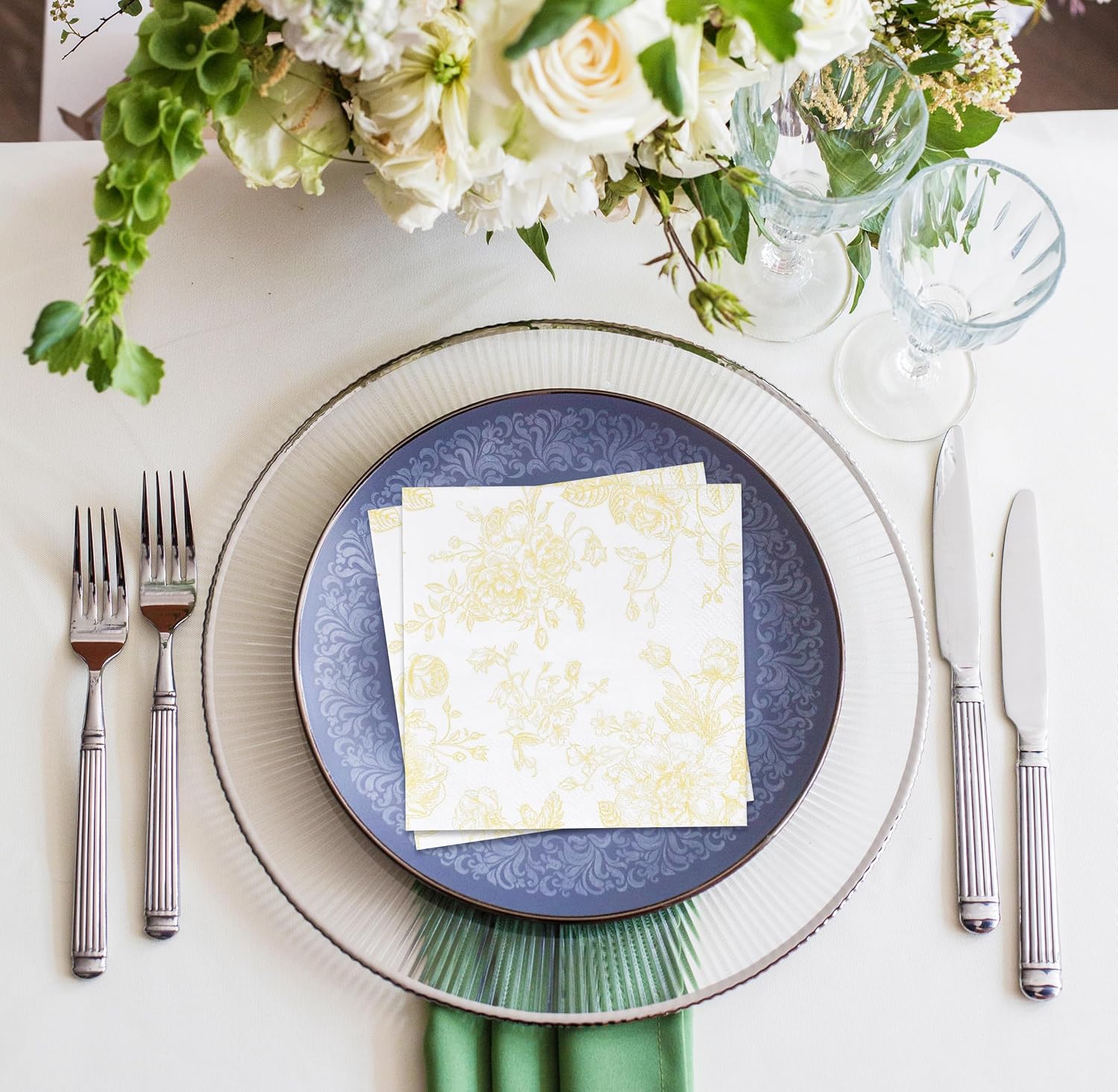 Yellow White Floral Cocktail Napkins for Spring Events