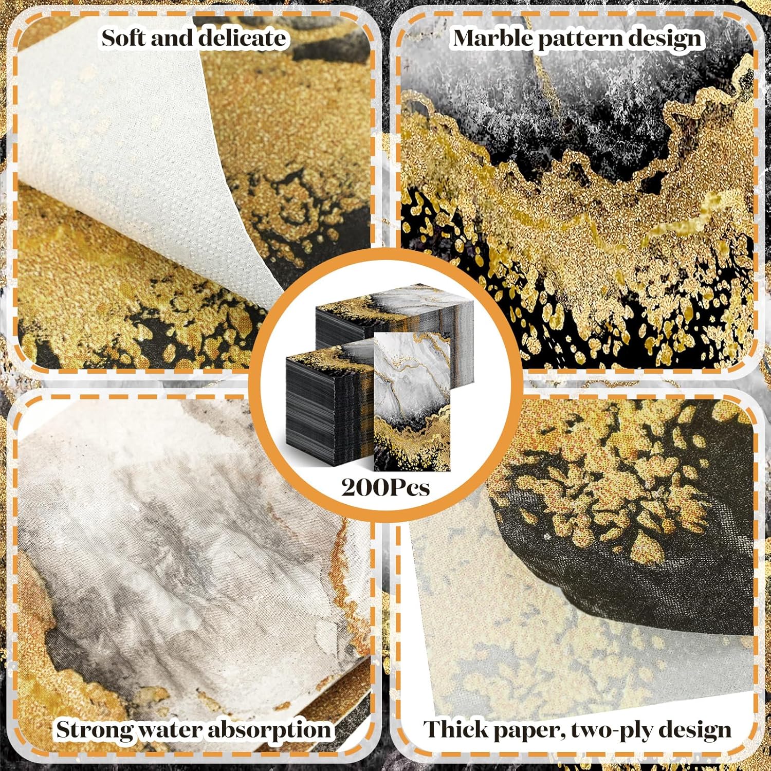 Geyoga 200 Pcs Black Gold Marble Guest Napkins