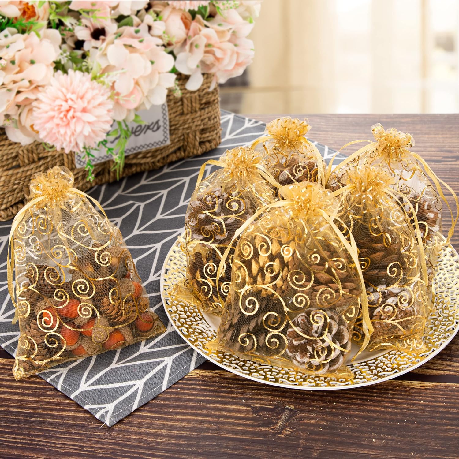 Staruby Gold Sheer Organza Gift Bags 100Pcs 5x7 Inch Drawstring Mesh Party Pouches