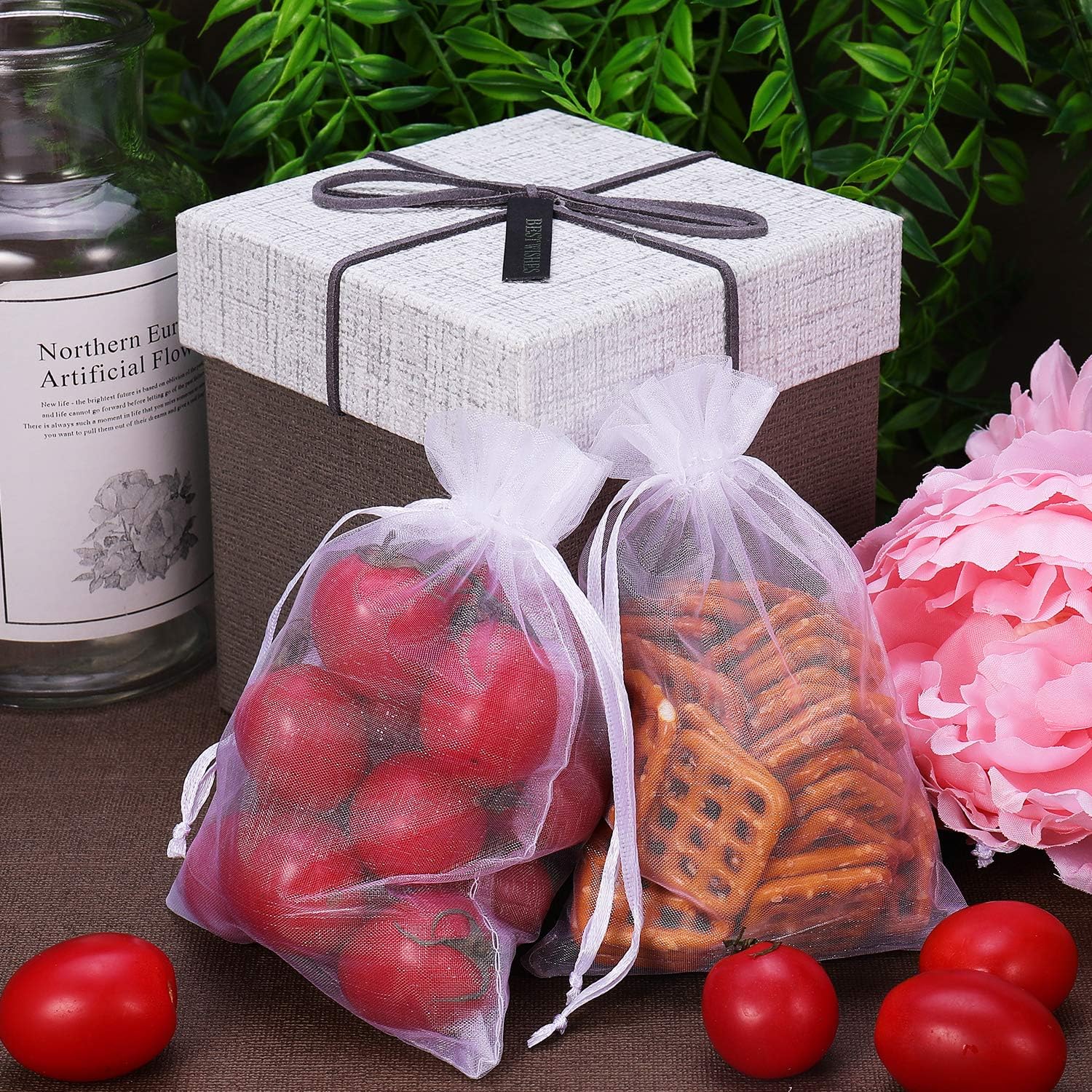 WenTao 100PCS 4x6 White Sheer Organza Bags with Drawstring