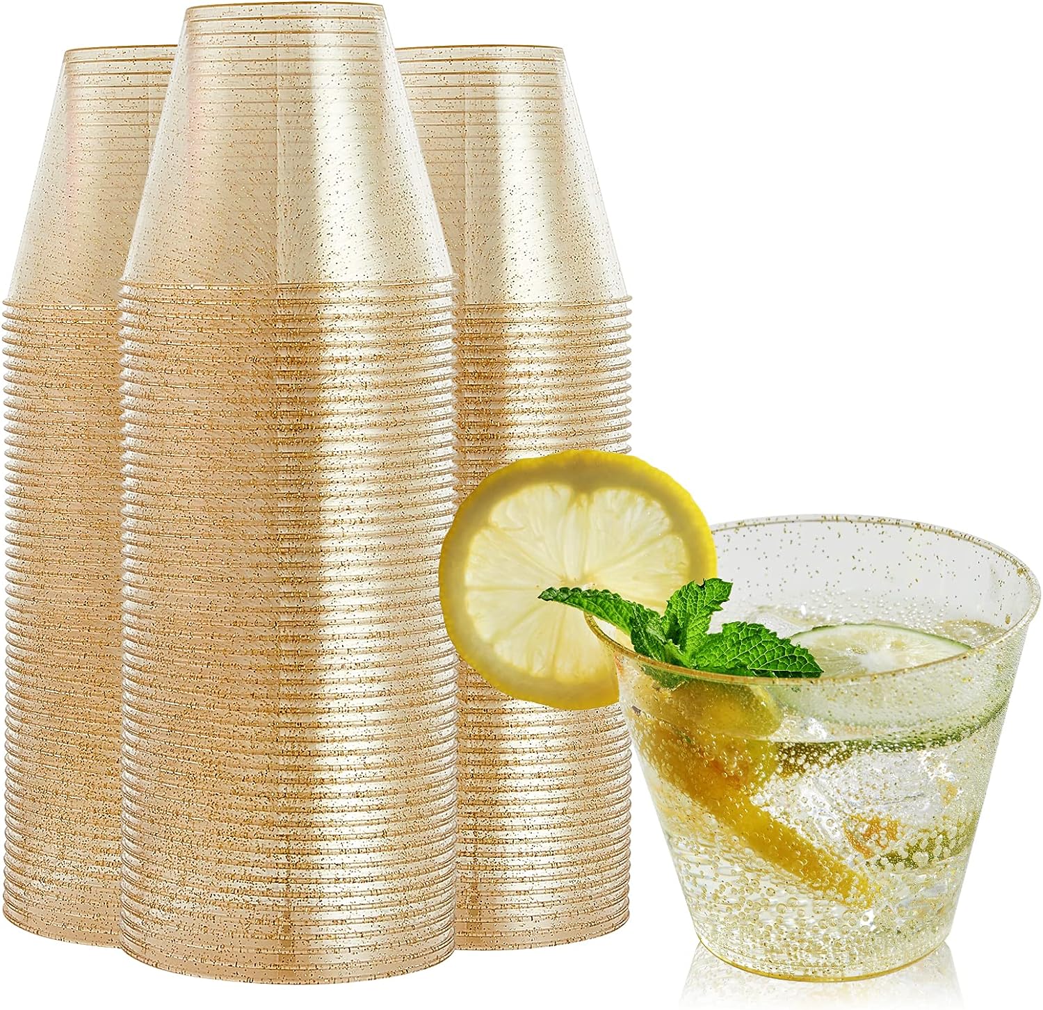FOCUSLINE 9 oz Gold Glitter Plastic Cups 100 Count
