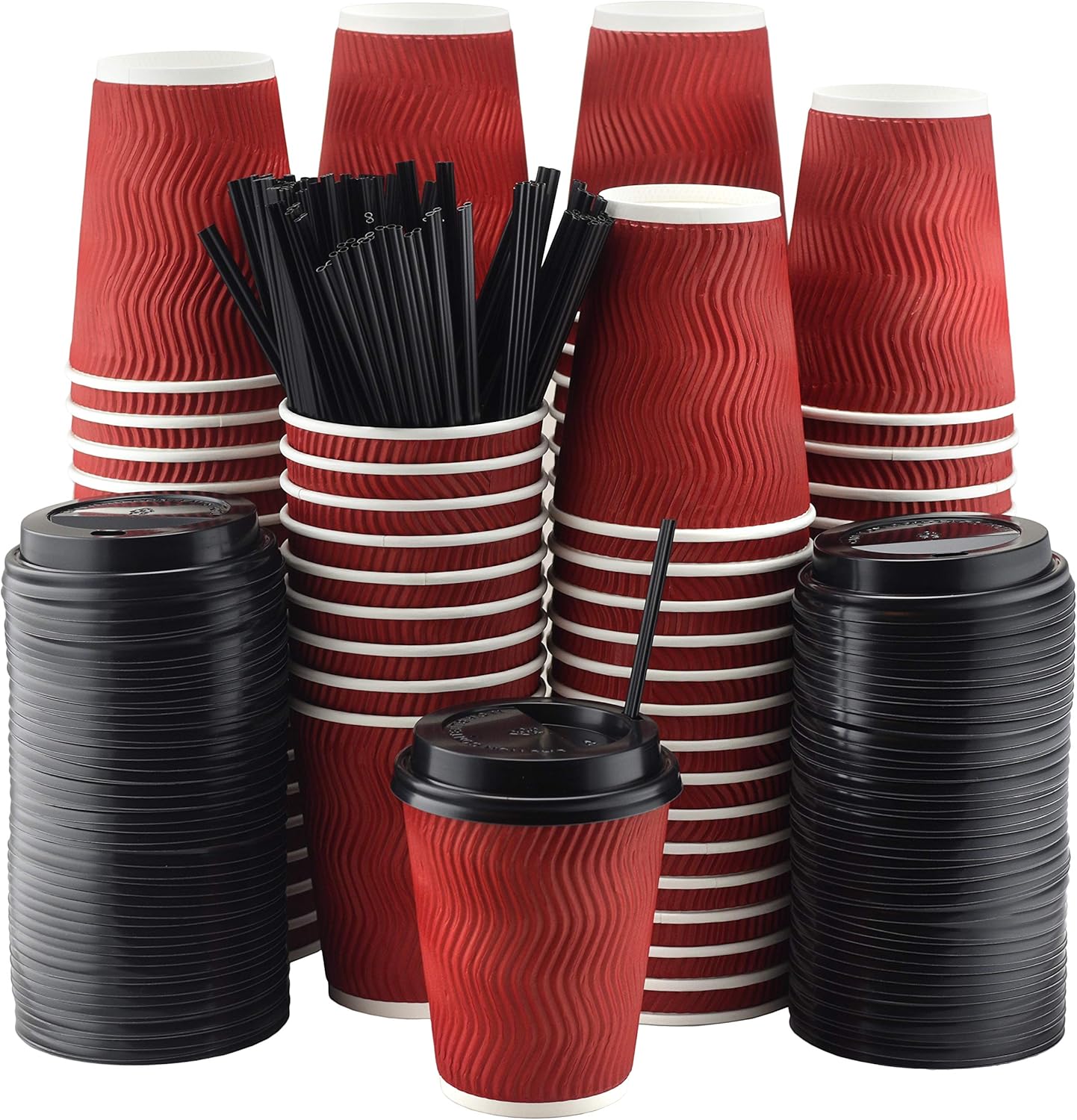 NYHI 100 Pack 12 oz Red Paper Cups with Black Lids