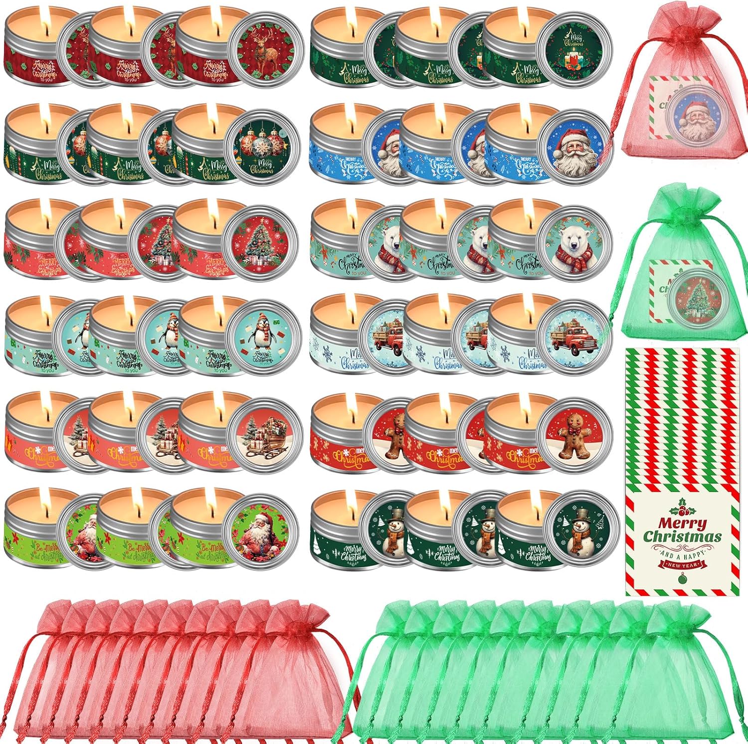 MTLEE 36 Pack Christmas Soy Wax Candles with Organza Bags and Cards