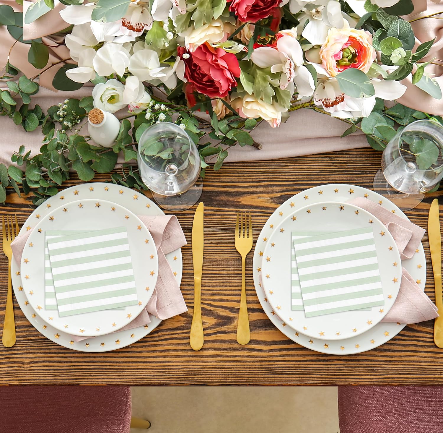 100 Pcs Sage Green White Stripe Cocktail Napkins for Party Supplies