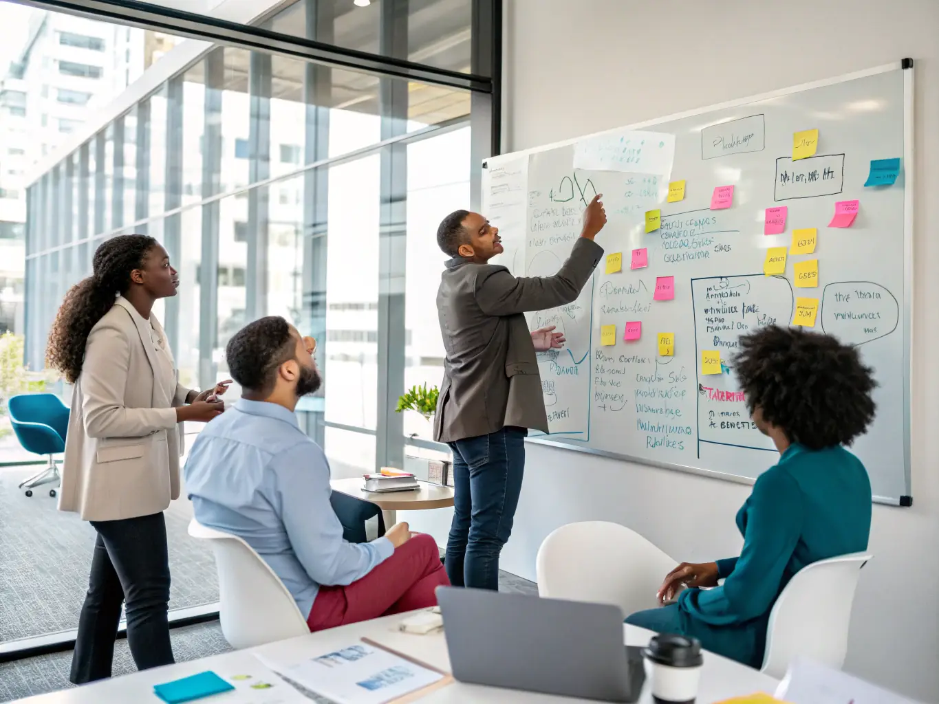 An image depicting a team of consultants brainstorming strategies in a modern office setting, symbolizing AetherCore's Strategic Consulting service.
