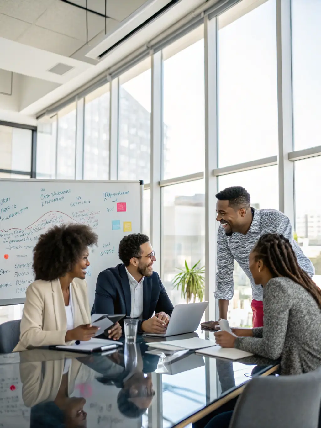 A diverse team of consultants collaborating around a table, brainstorming ideas and analyzing data, with sticky notes and charts visible, representing collaborative problem-solving and innovative solutions.