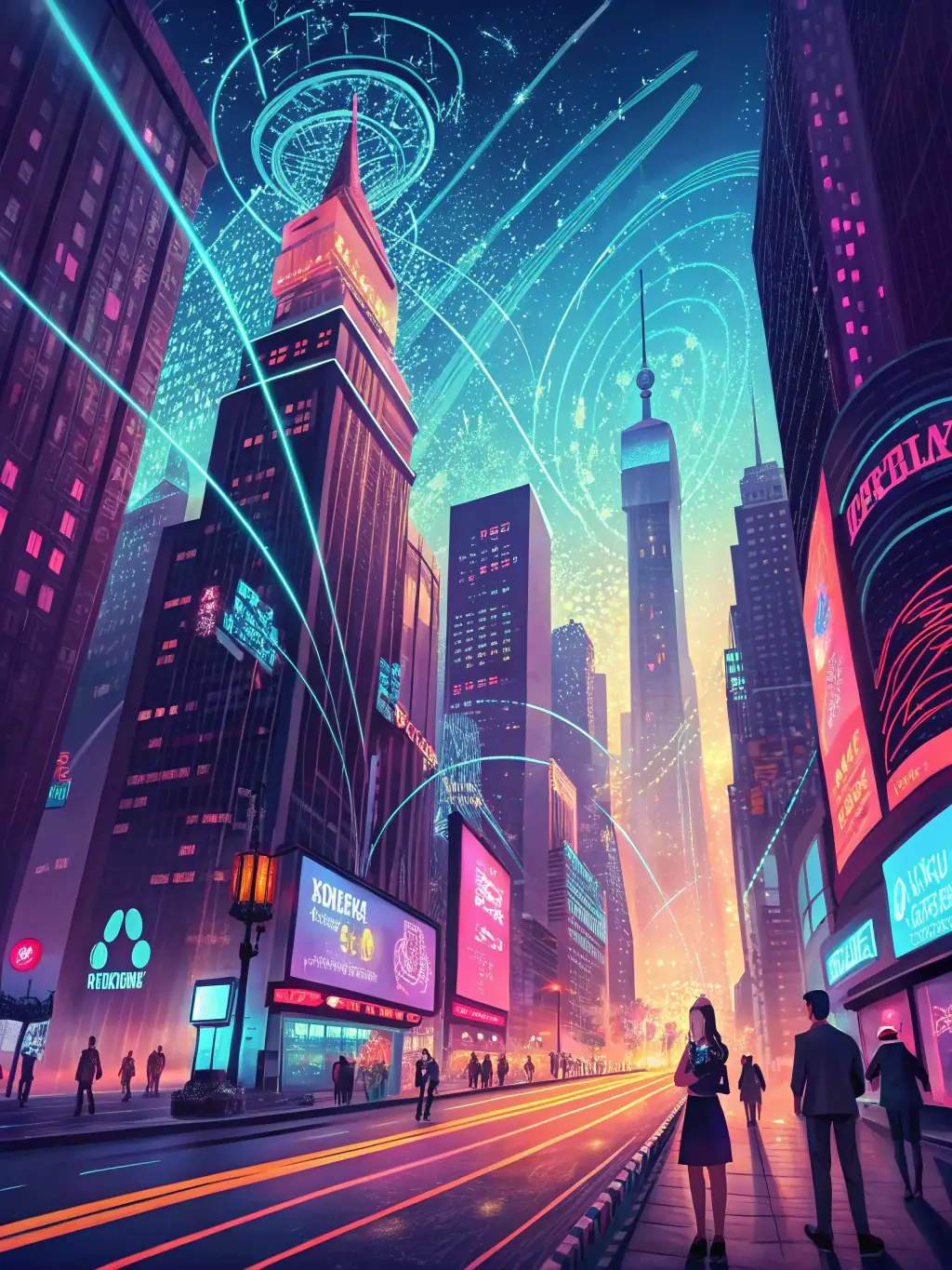 A futuristic cityscape with interconnected digital nodes and flowing data streams, symbolizing digital transformation and technological advancement, with a focus on innovation and efficiency.